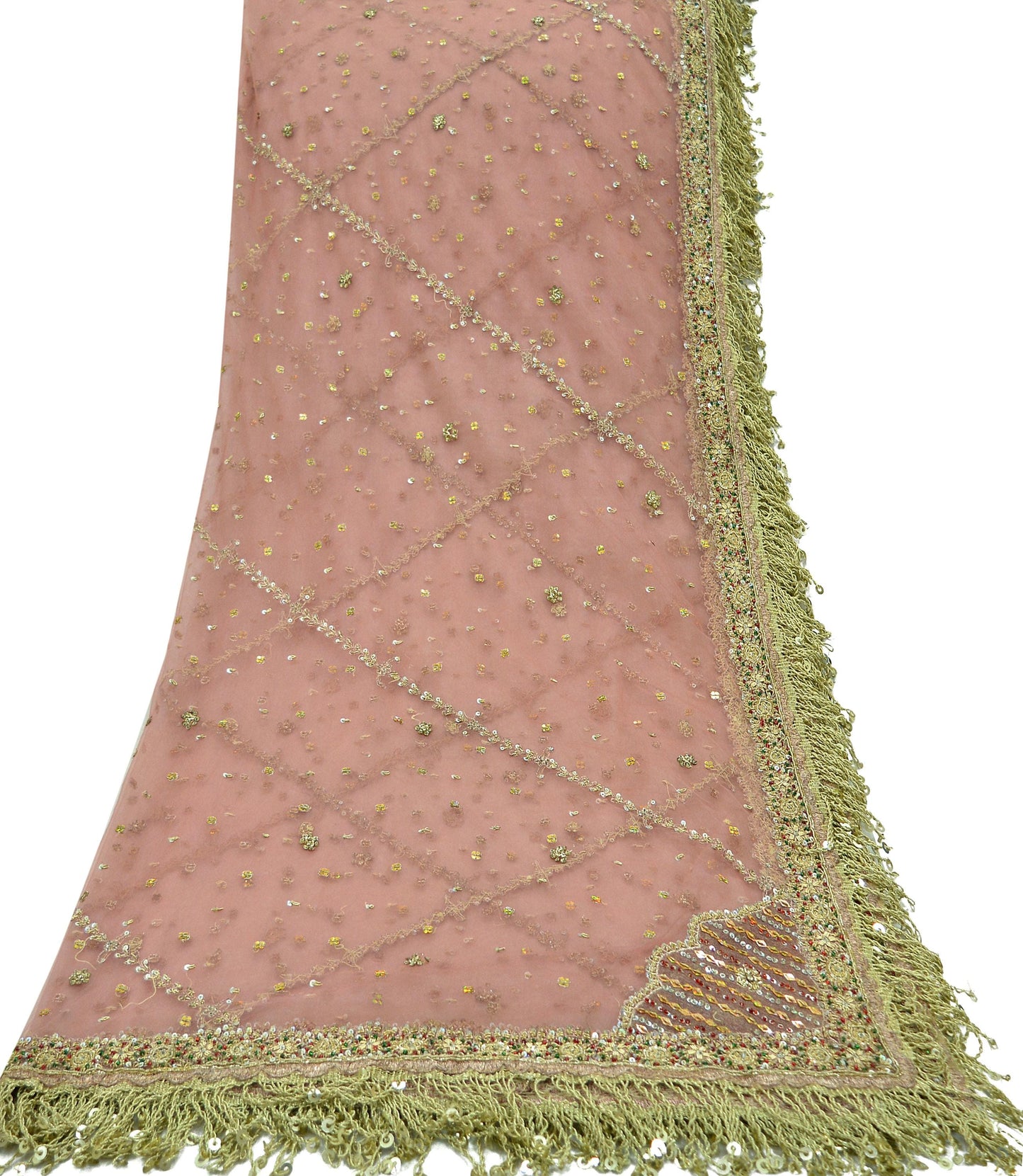 Indian Vintage Heavy Bridal Pink Dupatta Net Mesh Long Stole Hand Embroidered Scarves Golden Zardozi Dabka Zari Sequins Wedding Veil Hijab