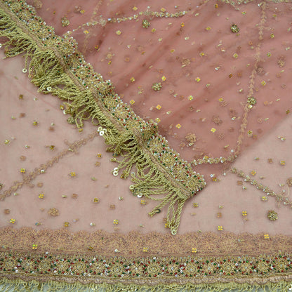 Indian Vintage Heavy Bridal Pink Dupatta Net Mesh Long Stole Hand Embroidered Scarves Golden Zardozi Dabka Zari Sequins Wedding Veil Hijab