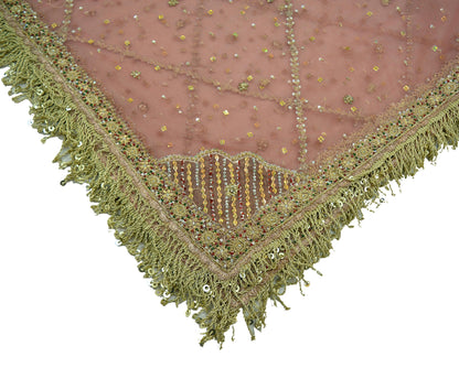 Indian Vintage Heavy Bridal Pink Dupatta Net Mesh Long Stole Hand Embroidered Scarves Golden Zardozi Dabka Zari Sequins Wedding Veil Hijab