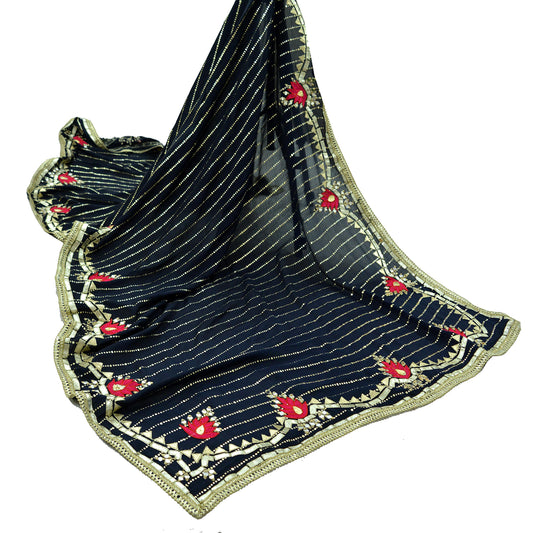 Indian Vintage Navy Blue Dupatta Long Stole Blend Silk Embroidered Scarves Veil Scarf Wrap Hippie Boho Soft Floral Zari Sequins Birds Design