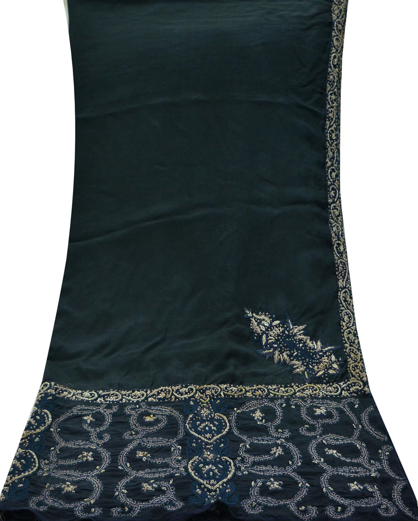 Indian Vintage Heavy Black Dupatta Pure Crepe Silk Long Stole Hand Embroidered Scarves Dabka Zardozi Zari Stole