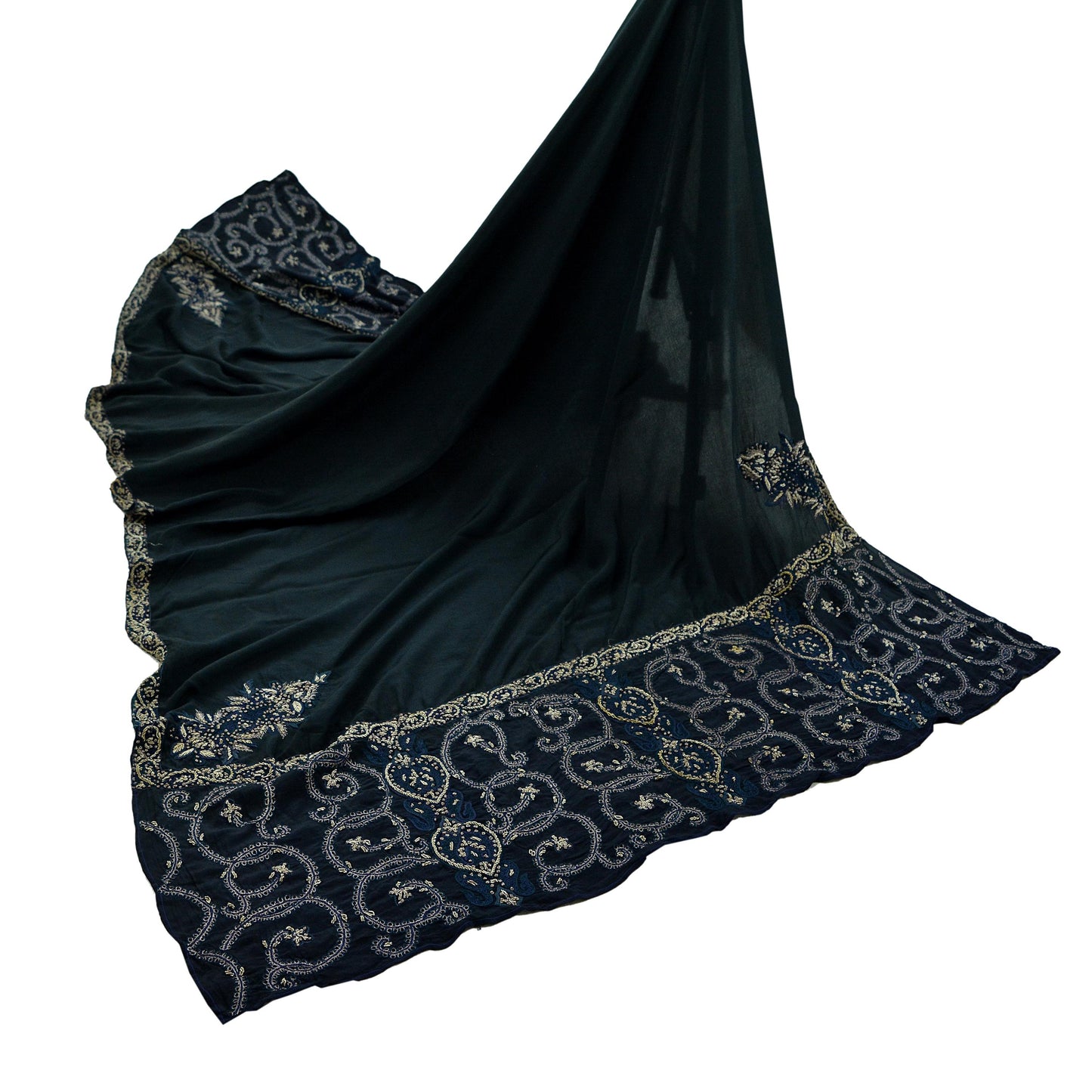 Indian Vintage Heavy Black Dupatta Pure Crepe Silk Long Stole Hand Embroidered Scarves Dabka Zardozi Zari Stole