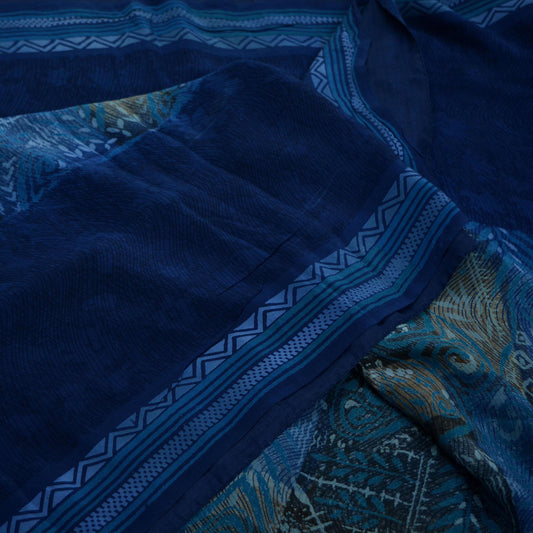 Indian Vintage Blue Saree Pure Crepe Silk Printed Sari 5yd Sewing Floral Soft Craft Fabric Wrap Dress making Crafting Quilting Upcycle