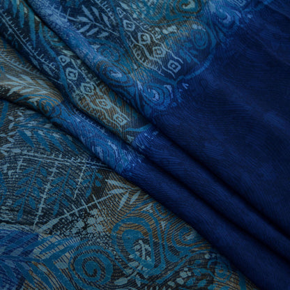 Indian Vintage Blue Saree Pure Crepe Silk Printed Sari 5yd Sewing Floral Soft Craft Fabric Wrap Dress making Crafting Quilting Upcycle