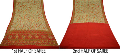 Indian Vintage Sari Red & Beige Pure Crepe Silk Printed Sarees 5yd Sewing Craft Fabric  Floral Soft Wrap Dress making Upcycle Quilting