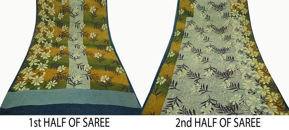 Women Vintage Sari Green & Mustard 100% Pure Georgette Silk Printed Saree Craft Fabric Sewing 5Yd Soft Sari Dress Making Crafting Quilting