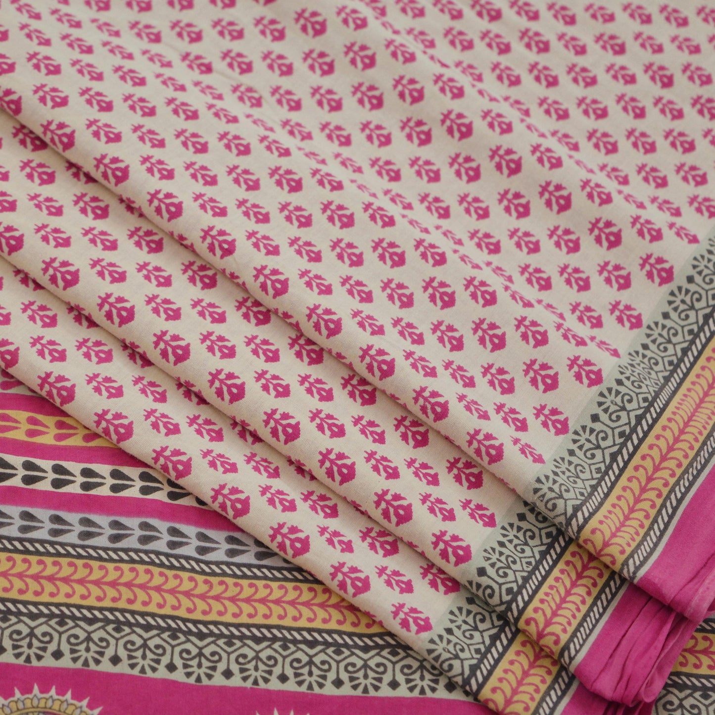 Indian Vintage Sari Ivory & Pink Printed Blend Cotton Saree Craft Fabric 5Yd Soft Sewing Sarong Wrap Boho Floral Dress making Crafting