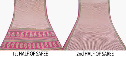 Indian Vintage Sari Ivory & Pink Printed Blend Cotton Saree Craft Fabric 5Yd Soft Sewing Sarong Wrap Boho Floral Dress making Crafting