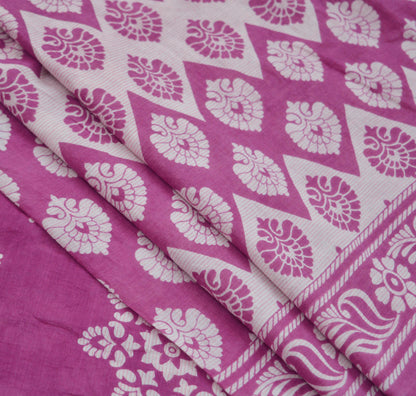 Indian Vintage Sari Purple & Ivory Pure Cotton Printed Saree 5Yd Craft Fabric Sewing Sarong Wrap Boho Floral Quilting crafting dressmaking