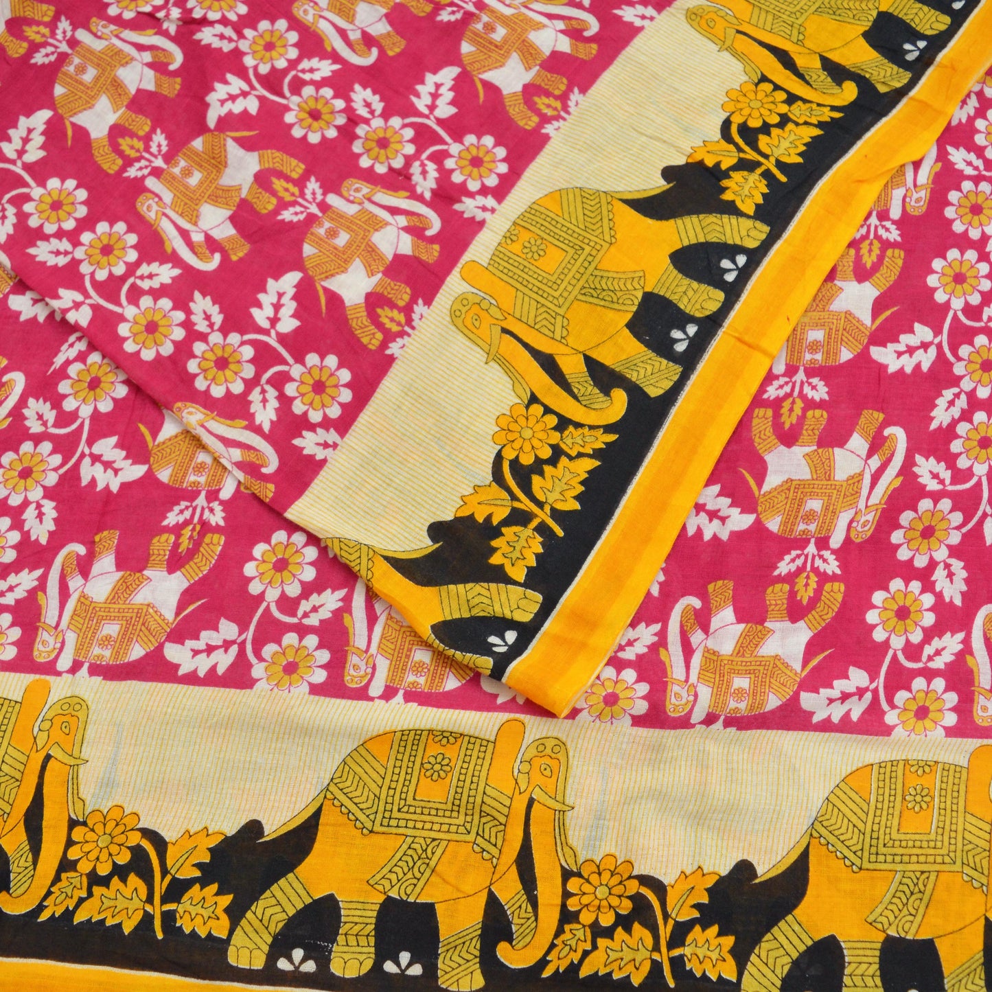 Indian Vintage Sari Saffron & Pink Printed Pure Cotton Saree Craft Fabric 5Yd Soft Sewing Sarong Wrap Boho Elephants Dress making Crafting