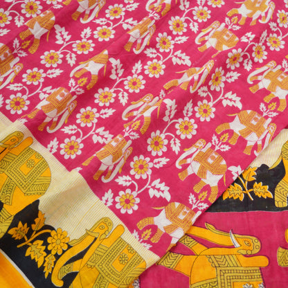 Indian Vintage Sari Saffron & Pink Printed Pure Cotton Saree Craft Fabric 5Yd Soft Sewing Sarong Wrap Boho Elephants Dress making Crafting