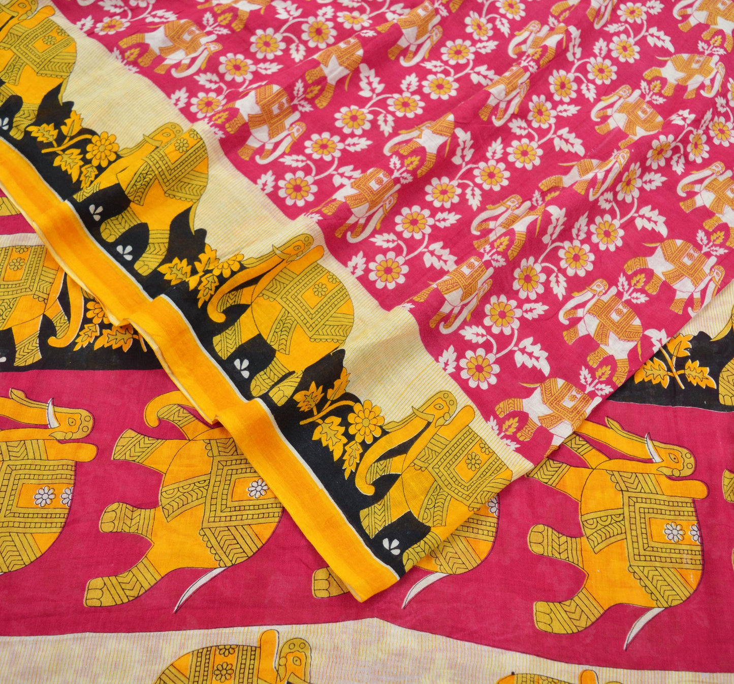 Indian Vintage Sari Saffron & Pink Printed Pure Cotton Saree Craft Fabric 5Yd Soft Sewing Sarong Wrap Boho Elephants Dress making Crafting