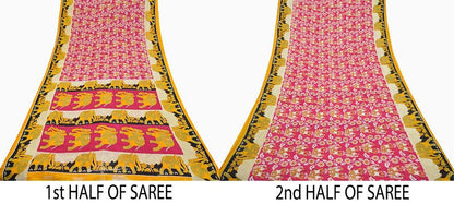 Indian Vintage Sari Saffron & Pink Printed Pure Cotton Saree Craft Fabric 5Yd Soft Sewing Sarong Wrap Boho Elephants Dress making Crafting