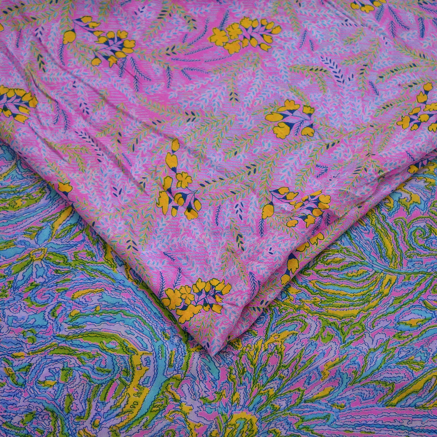 Indian Vintage Pink & Blue Saree 100% Pure Silk Printed Sari Craft Fabric 5yd Sewing Dress Making Soft Floral Abstract Quilting Crafting