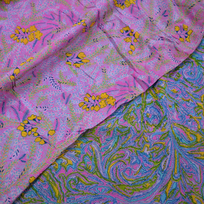 Indian Vintage Pink & Blue Saree 100% Pure Silk Printed Sari Craft Fabric 5yd Sewing Dress Making Soft Floral Abstract Quilting Crafting