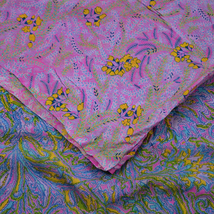 Indian Vintage Pink & Blue Saree 100% Pure Silk Printed Sari Craft Fabric 5yd Sewing Dress Making Soft Floral Abstract Quilting Crafting