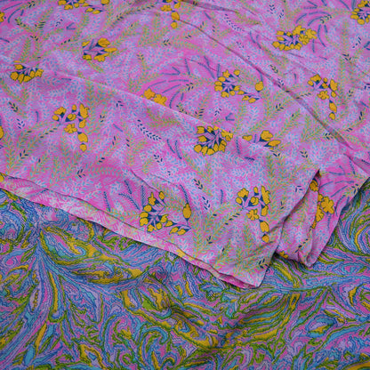 Indian Vintage Pink & Blue Saree 100% Pure Silk Printed Sari Craft Fabric 5yd Sewing Dress Making Soft Floral Abstract Quilting Crafting