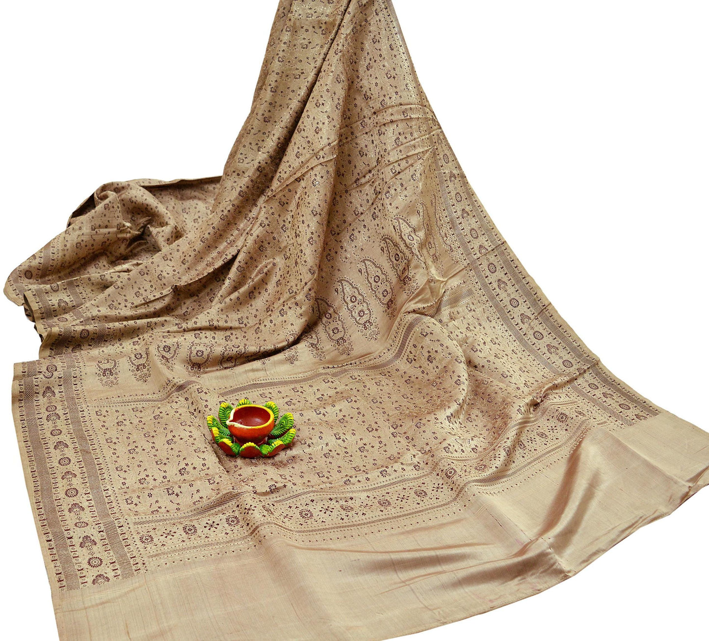 Indian Vintage Sari Beige Heavy Wedding Pure Satin Silk Woven Brocade Banarasi Saree Golden Zari 5Yd Dress Making