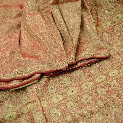 Vintage Sari Maroon Heavy Wedding Pure Satin Silk Hand Embroidered Brocade Banarsi Sarees Zari/Zardozi/Dabka 5Yd Dress Making Crafting