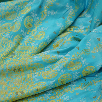 Indian Vintage Sari Heavy Pure Silk Blue Woven Brocade Saree 5Yard Floral Ethnic Soft Silver Zari