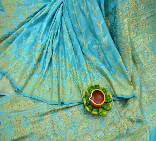 Indian Vintage Sari Heavy Pure Silk Blue Woven Brocade Saree 5Yard Floral Ethnic Soft Silver Zari