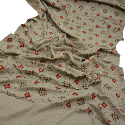 Vintage Gray Pure Woolen Shawl Handmade Embroidered Kantha Long Throw Stole Warm Stole ivory Floral Design