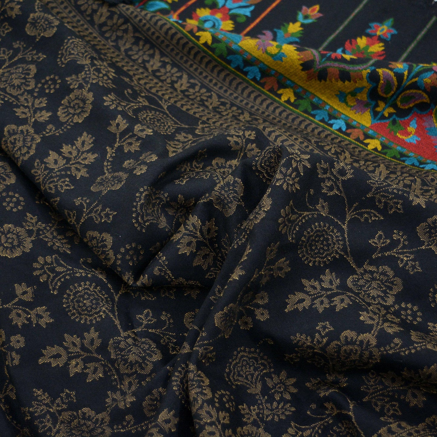 Vintage Black Viscose Shawl Handmade Woven Long Throw Stole Warm Stole Paisley Floral Design Fringes