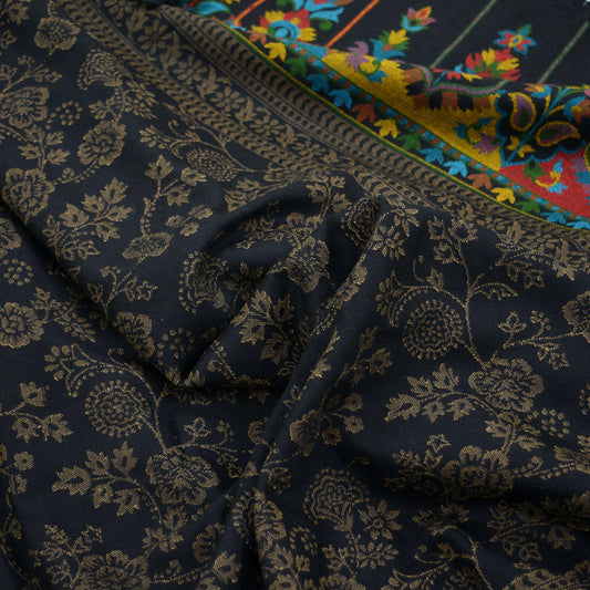 Vintage Black Viscose Shawl Handmade Woven Long Throw Stole Warm Stole Paisley Floral Design Fringes