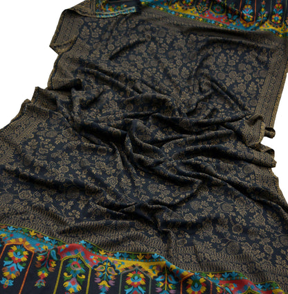 Vintage Black Viscose Shawl Handmade Woven Long Throw Stole Warm Stole Paisley Floral Design Fringes