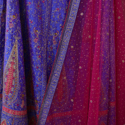 Indian Pre-owned Purple & Pink Pure Silk Net Hand Beaded Ritu Kumar Designer Lehenga And Dupatta Ethnic Bollywood Party Wear