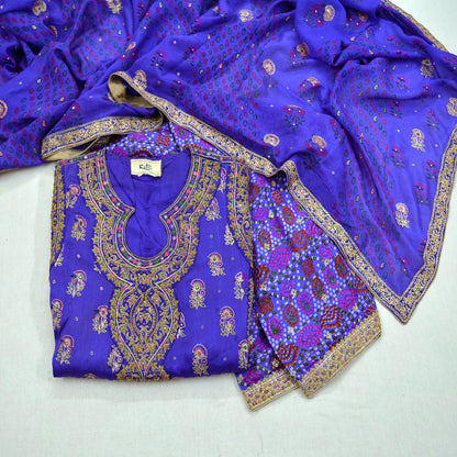 Indian Pre-owned Purple Pure Silk Hand Embroidered Ritu Kumar's Designer 3 piece Suit Set  Kurta/Dupatta/Salwar Ethnic Bollywood Party Wear