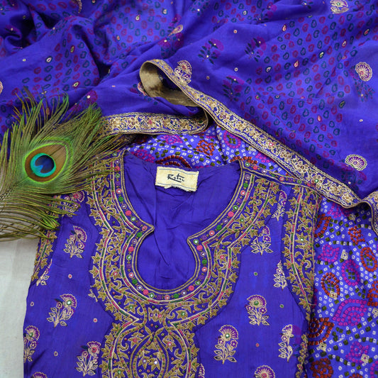 Indian Pre-owned Purple Pure Silk Hand Embroidered Ritu Kumar's Designer 3 piece Suit Set  Kurta/Dupatta/Salwar Ethnic Bollywood Party Wear