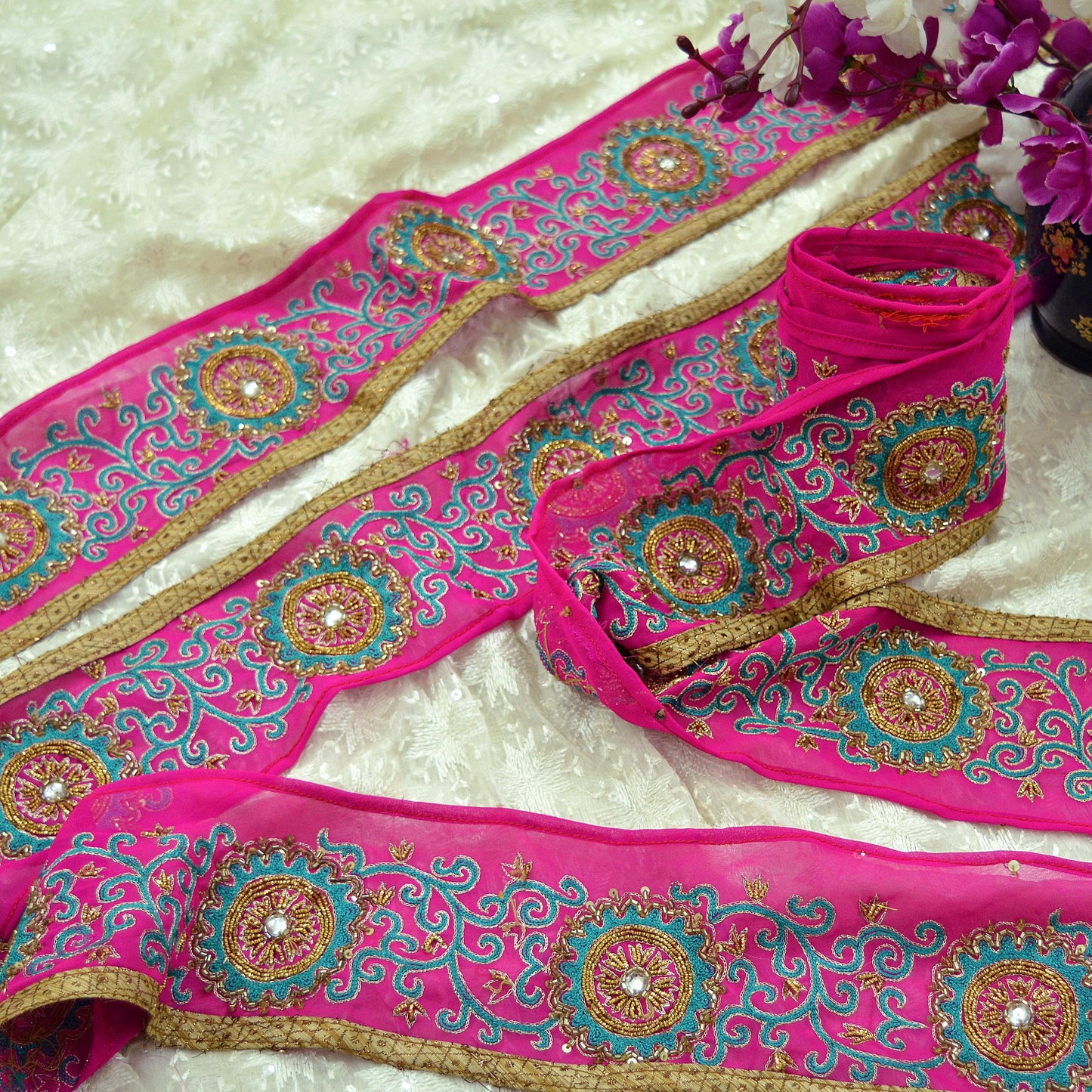 Indian Vintage Magenta Pink Sari Border Hand Embroidered Craft Trim Lace Sewing Pure Georgette Silk Ribbon Recycled Zardozi