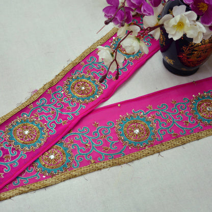 Indian Vintage Magenta Pink Sari Border Hand Embroidered Craft Trim Lace Sewing Pure Georgette Silk Ribbon Recycled Zardozi