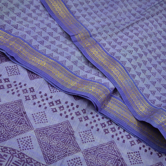 Vintage Sari Purple Pure Cotton Hand Woven Sarees Craft Fabric Zari 5Yd Sewing Soft Crafting Dress making Upcycle Quilting Zigzag
