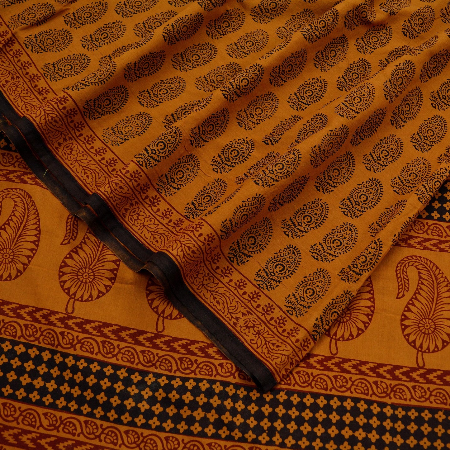 Indian Vintage Sari Mustard Pure Cotton Hand Block Printed Sarees 5Yd Craft Fabric Soft Sewing Sarong Dress Making Quilting Crafting