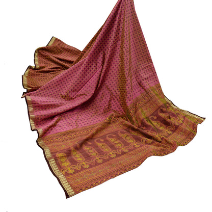Indian Vintage Sari Pink Mysore Silk Woven Painted Sarees Fabric 5Yd Ethnic South silk Dress Making Crafting Upcycle Quilting Zari Border