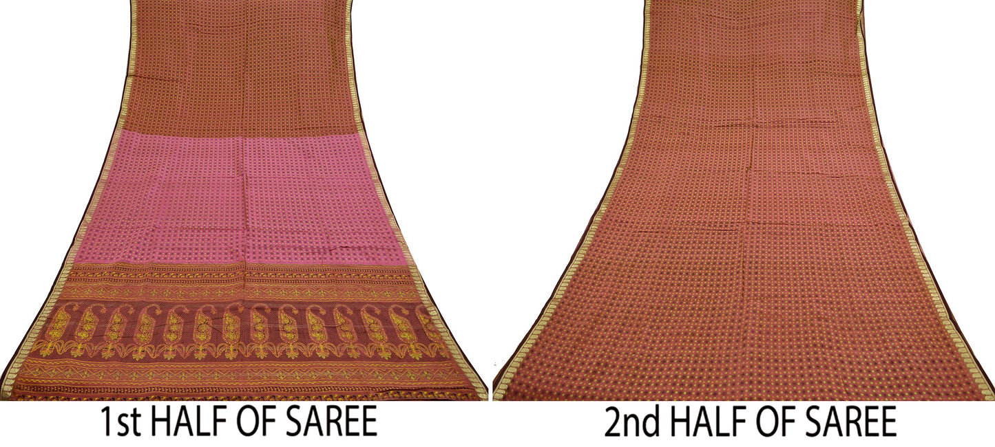 Indian Vintage Sari Pink Mysore Silk Woven Painted Sarees Fabric 5Yd Ethnic South silk Dress Making Crafting Upcycle Quilting Zari Border