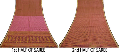 Indian Vintage Sari Pink Mysore Silk Woven Painted Sarees Fabric 5Yd Ethnic South silk Dress Making Crafting Upcycle Quilting Zari Border