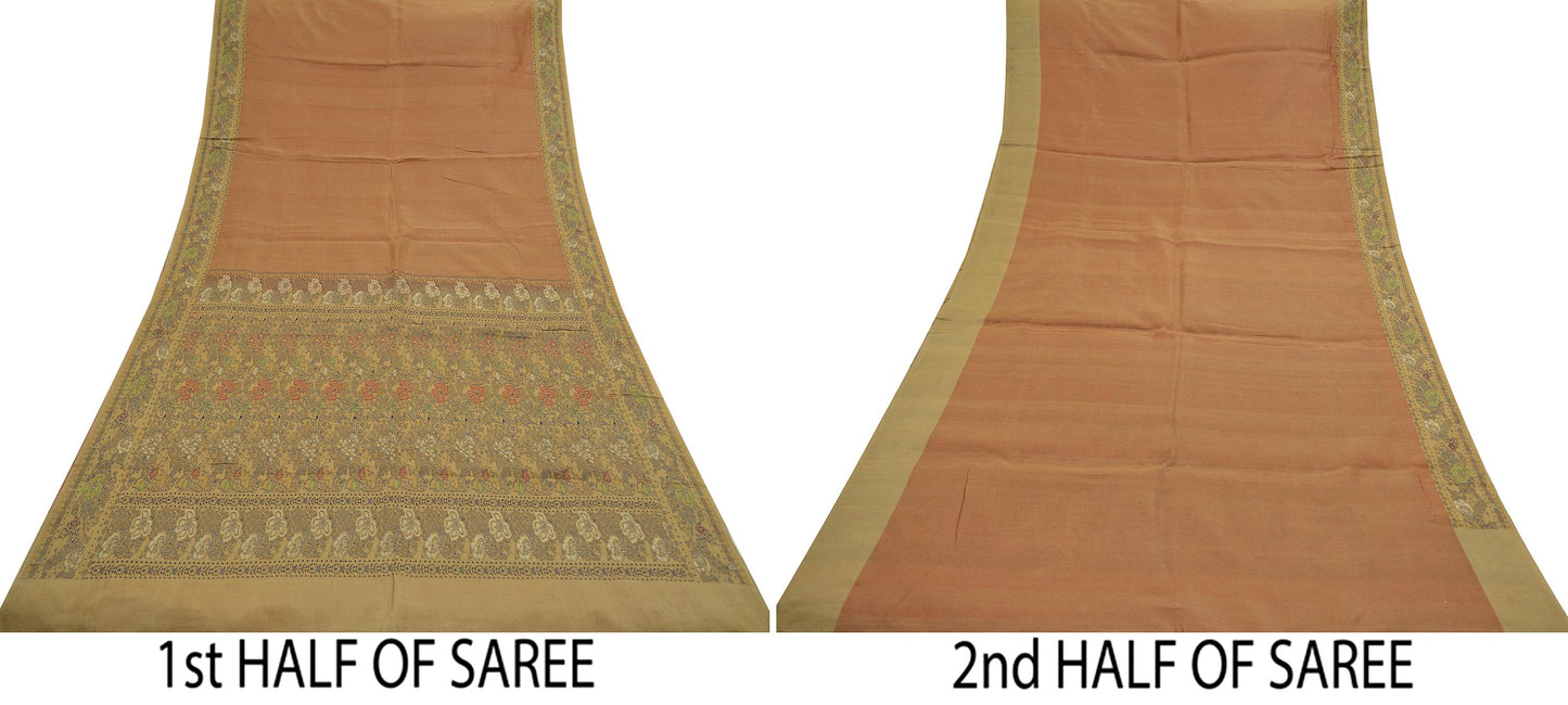 Indian Vintage Sarees Rusty & Beige 100% Pure Silk  Hand Woven Sari Craft Fabric 5Yd Ethnic Floral Zari Dress making Crafting Upcycle