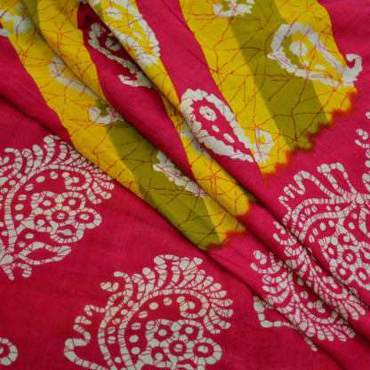 Indian Vintage Sari Yellow & Pink Printed Pure Cotton Sarees Craft Fabric 5Yd Soft Sewing Sarong Wrap Boho Floral Quilting Dress making