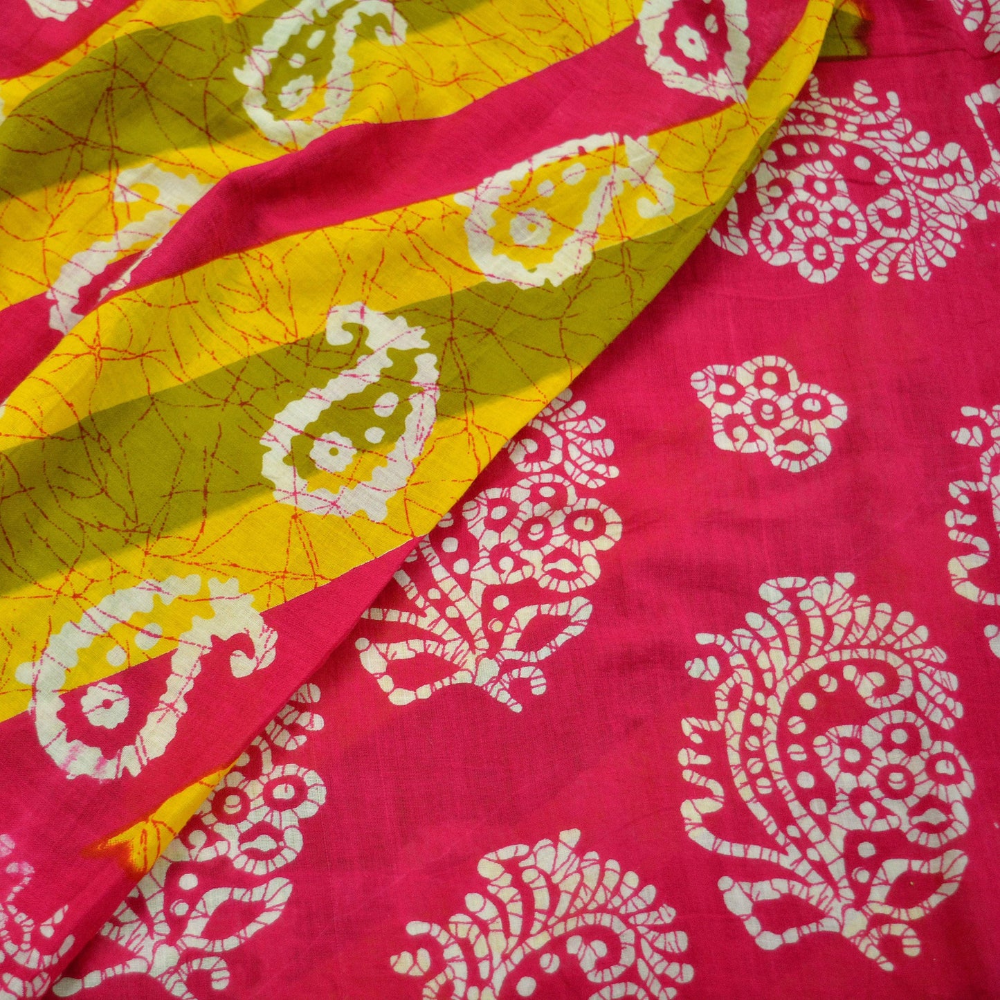 Indian Vintage Sari Yellow & Pink Printed Pure Cotton Sarees Craft Fabric 5Yd Soft Sewing Sarong Wrap Boho Floral Quilting Dress making