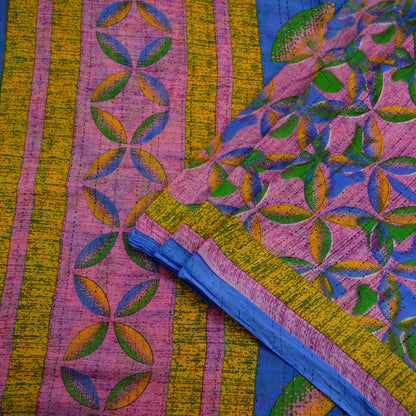 Indian Vintage Sari Mustard & Pink Printed Pure Cotton Sarees Craft Fabric 5Yd Soft Sewing Sarong Wrap Boho Floral Quilting Dress making