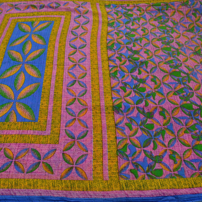 Indian Vintage Sari Mustard & Pink Printed Pure Cotton Sarees Craft Fabric 5Yd Soft Sewing Sarong Wrap Boho Floral Quilting Dress making