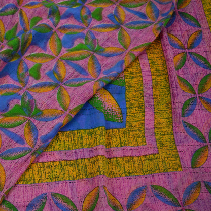 Indian Vintage Sari Mustard & Pink Printed Pure Cotton Sarees Craft Fabric 5Yd Soft Sewing Sarong Wrap Boho Floral Quilting Dress making