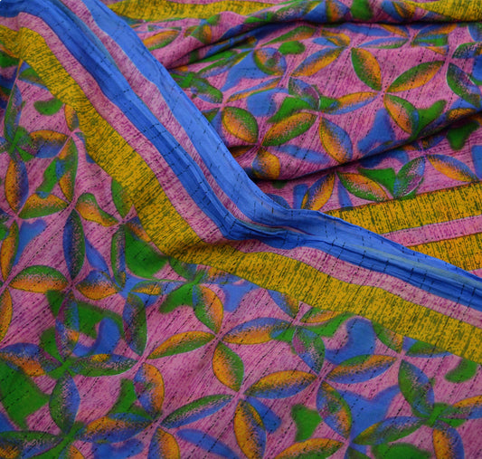 Indian Vintage Sari Mustard & Pink Printed Pure Cotton Sarees Craft Fabric 5Yd Soft Sewing Sarong Wrap Boho Floral Quilting Dress making