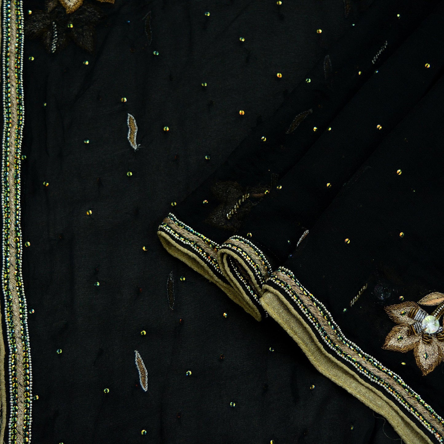 Indian Vintage Black Dupatta Pure Georgette silk Long Stole Hand Embroidered Scarves Stole Veil Wrap Sequins Zardozi