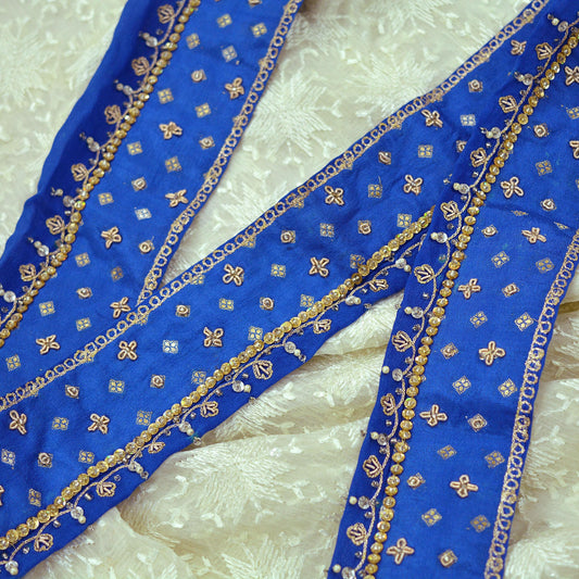 Indian Vintage Blue Sari Border Hand Embroidered Indian Craft Trim Lace Sewing Sari Ribbon Pure silk  Zardozi/Dabka Zari