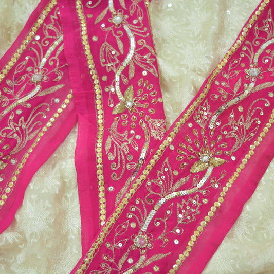 Indian Vintage Rani Pink Sari Border Hand Embroidered Ari Work Craft Trim Lace Sewing American Georgette Ribbon Recycled Sari Border Zari