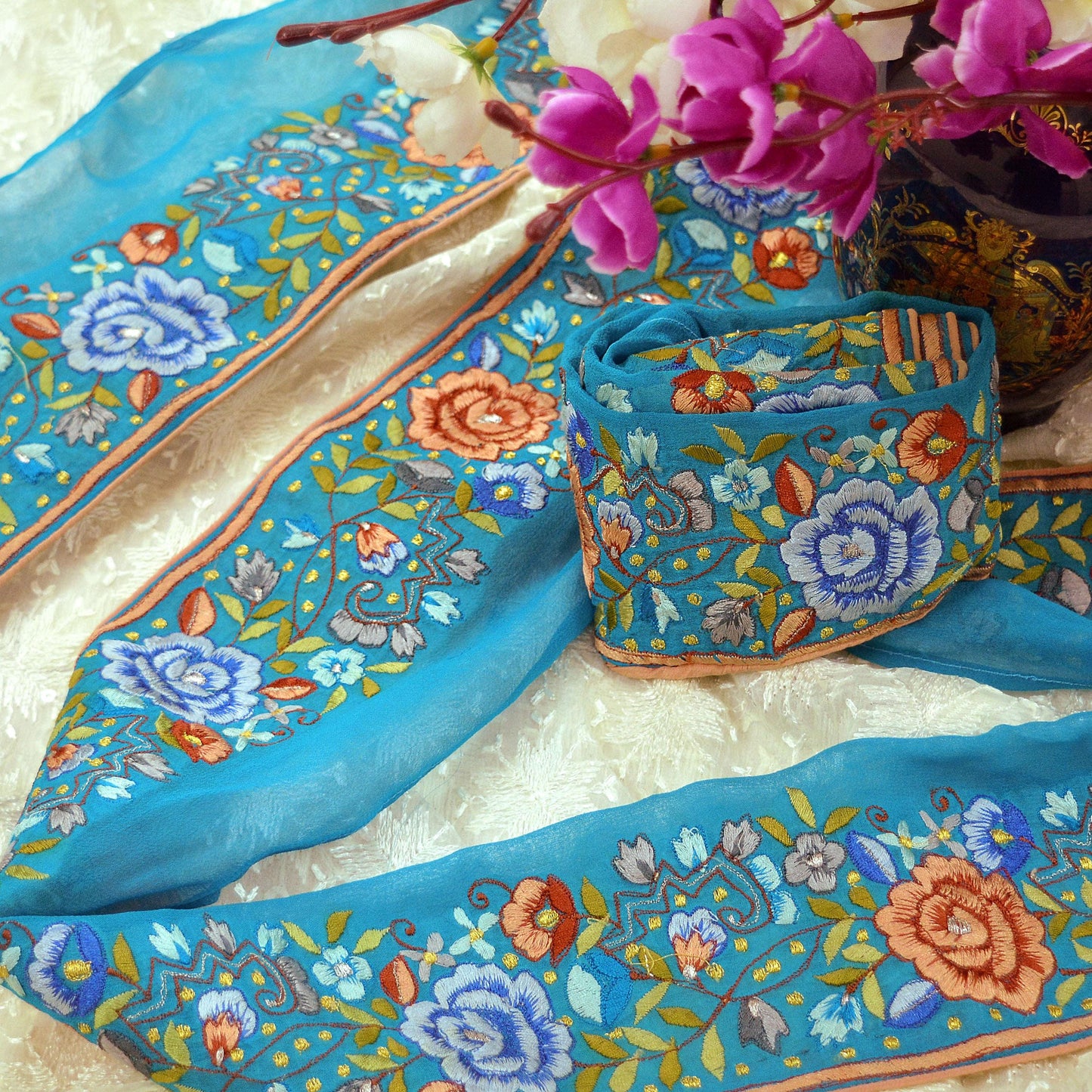 Indian Vintage Blue Sari Border Pure Georgette Silk Hand Embroidered Indian Craft Trim Lace Sewing Sari Ribbon Recycled